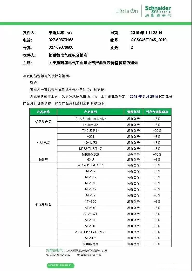 施耐德电气涨价通知